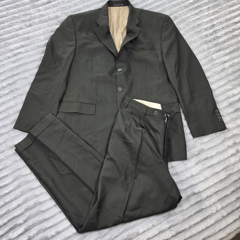 IZOD Mens 2 Piece Suit 43R 35W Charcoal Grey Wool Windowpane Plaid South Africa